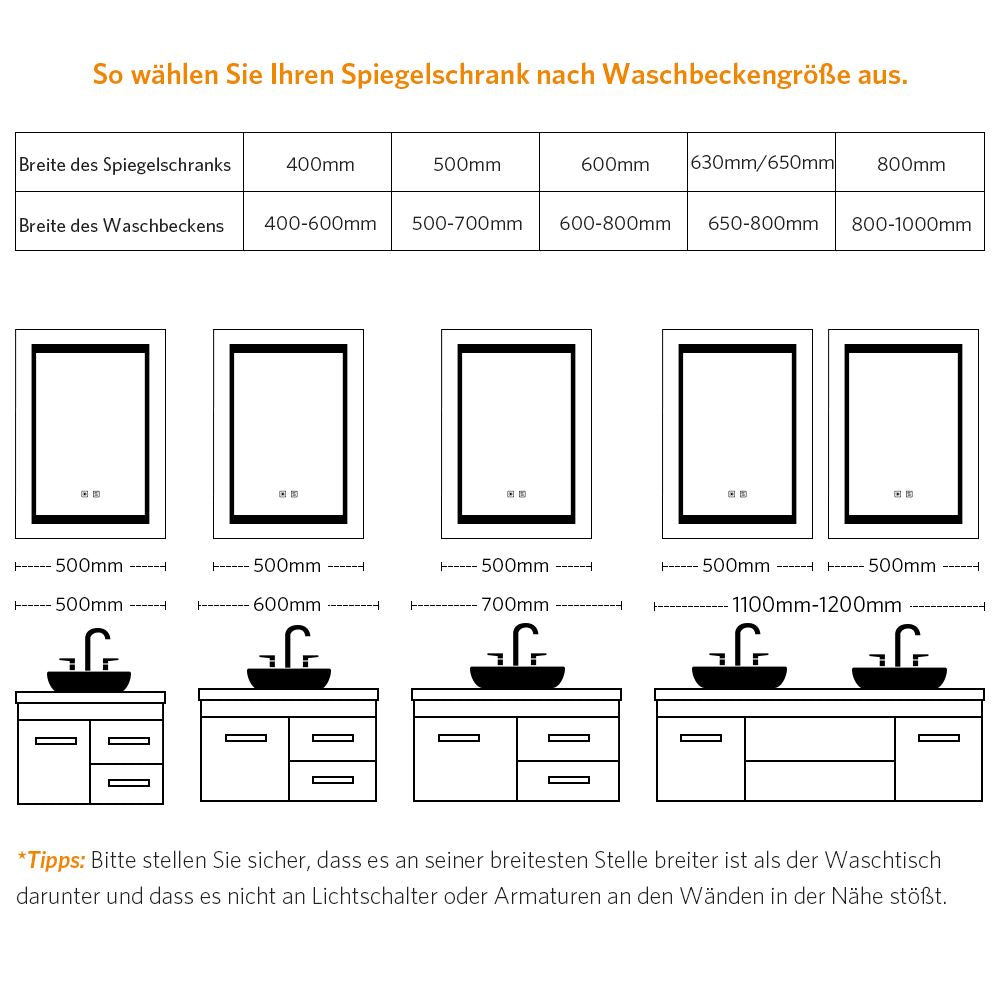 LED Badezimmer Spiegelschrank mit Umgebungslicht Rasier Steckdose Touch-Schalter 50x70cm