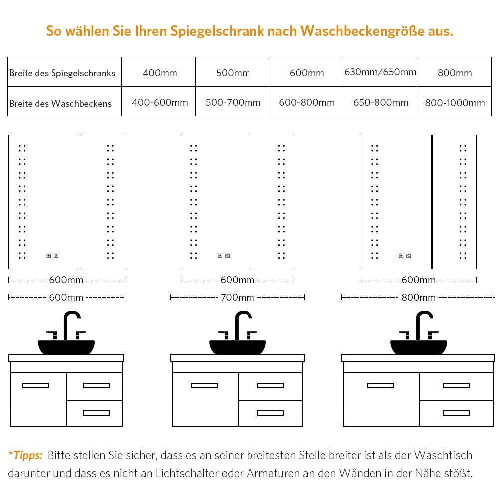 60x70cm LED Badezimmer Spiegelschrank mit Steckdose Antibeschlag Umgebungslicht 2-Tür