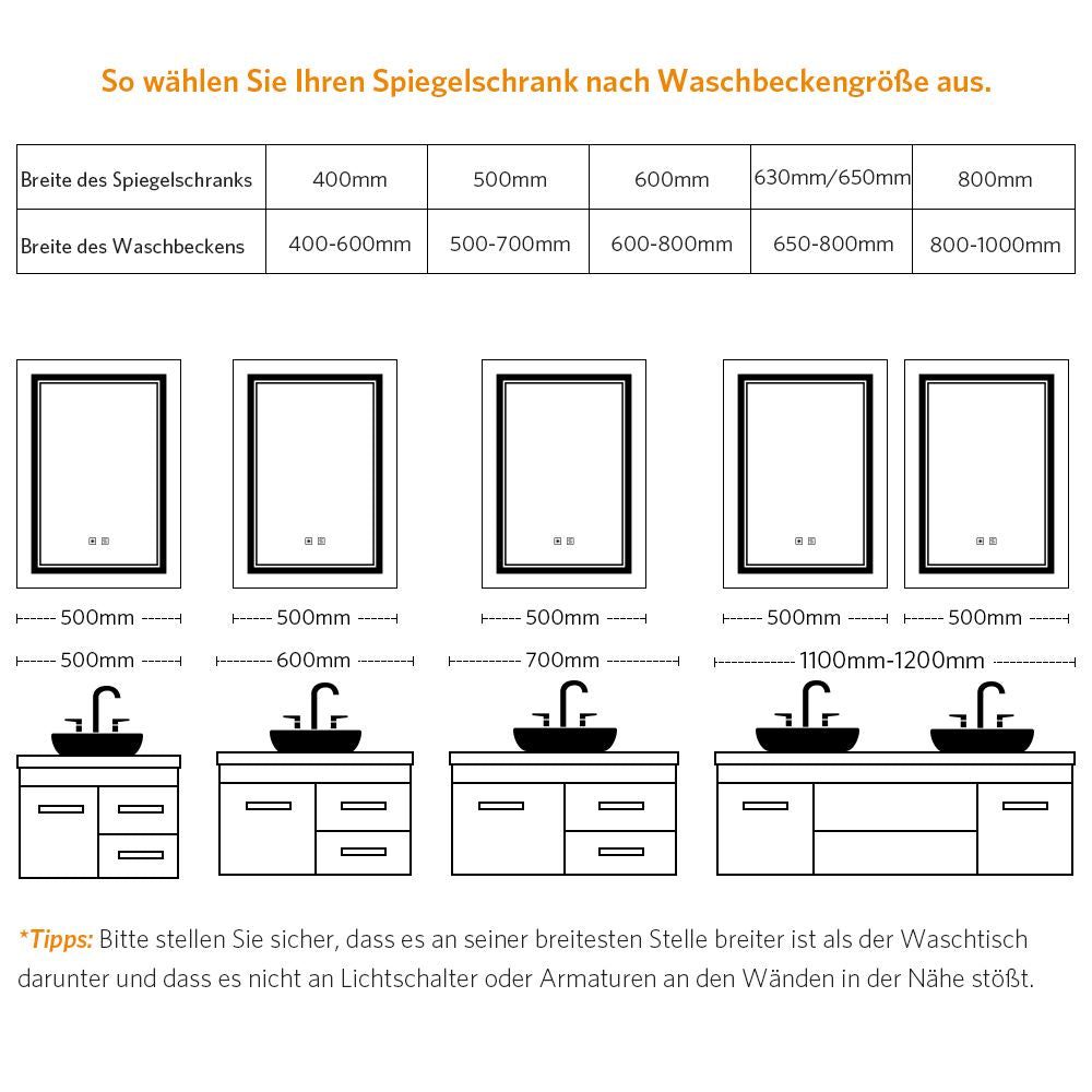 LED Badezimmer Spiegel mit Antibeschlag Rasiersteckdose 3 Lichtfarbe 50x70cm (Nein Spiegelschrank)