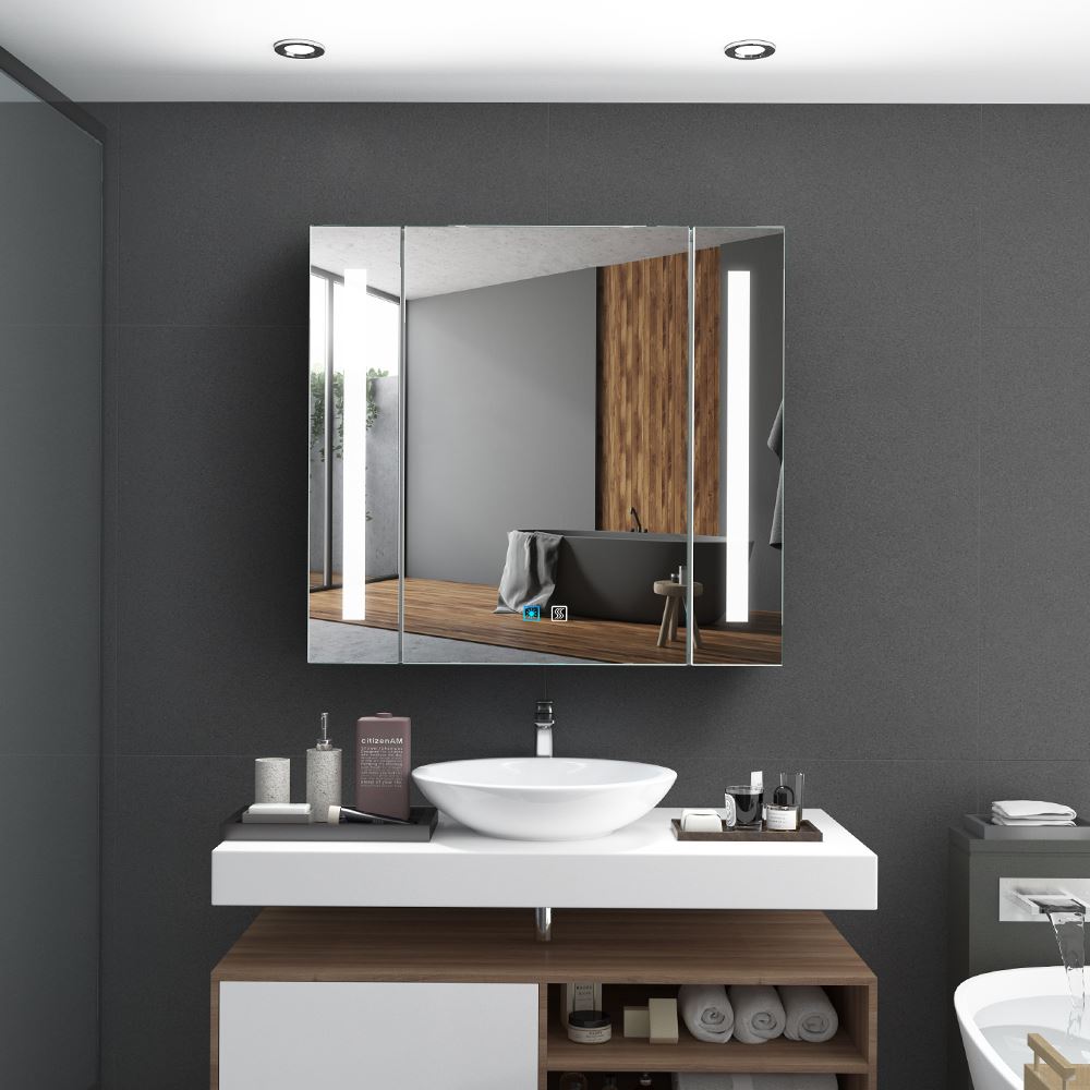 LED Badezimmer Spiegelschrank mit Rasier-Steckdose Touch-Schalter Vertikales Beleuchtung 65x60cm