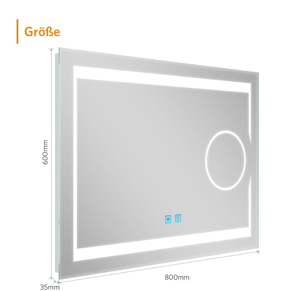 80x60cm LED Badezimmer Spiegel mit Touch-Schalter 3-Fach Lupe (Nein Spiegelschrank)