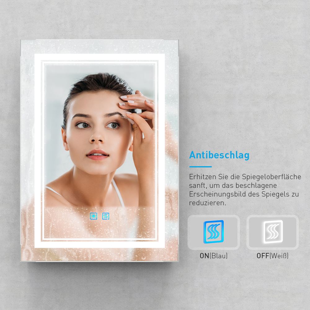 LED Badezimmer Spiegel mit Antibeschlag Rasiersteckdose 3 Lichtfarbe 50x70cm (Nein Spiegelschrank)