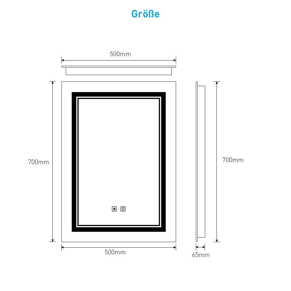 LED Badezimmer Spiegel mit Antibeschlag Rasiersteckdose 3 Lichtfarbe 50x70cm (Nein Spiegelschrank)