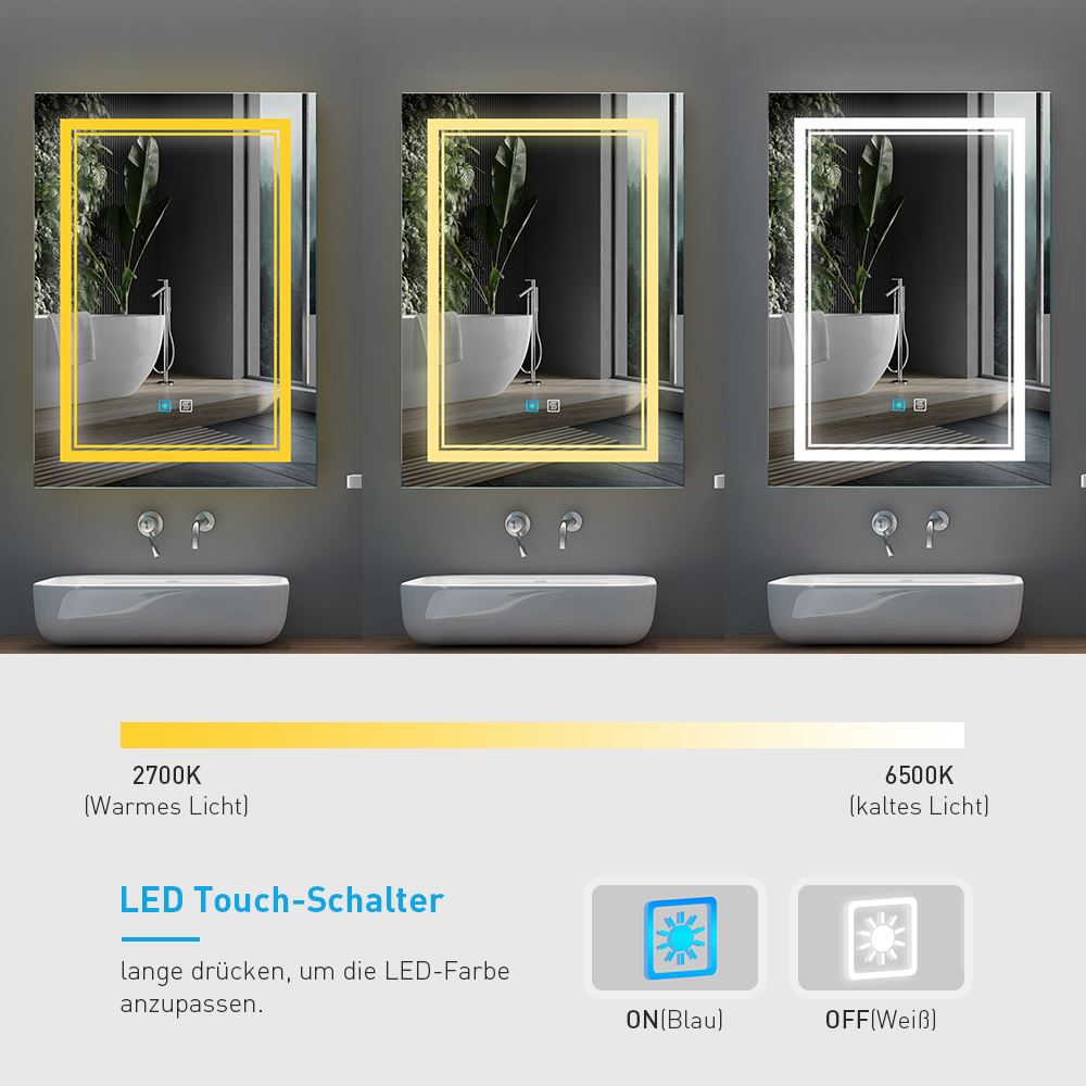 LED Badezimmer Spiegel mit Antibeschlag Rasiersteckdose 3 Lichtfarbe 50x70cm (Nein Spiegelschrank)