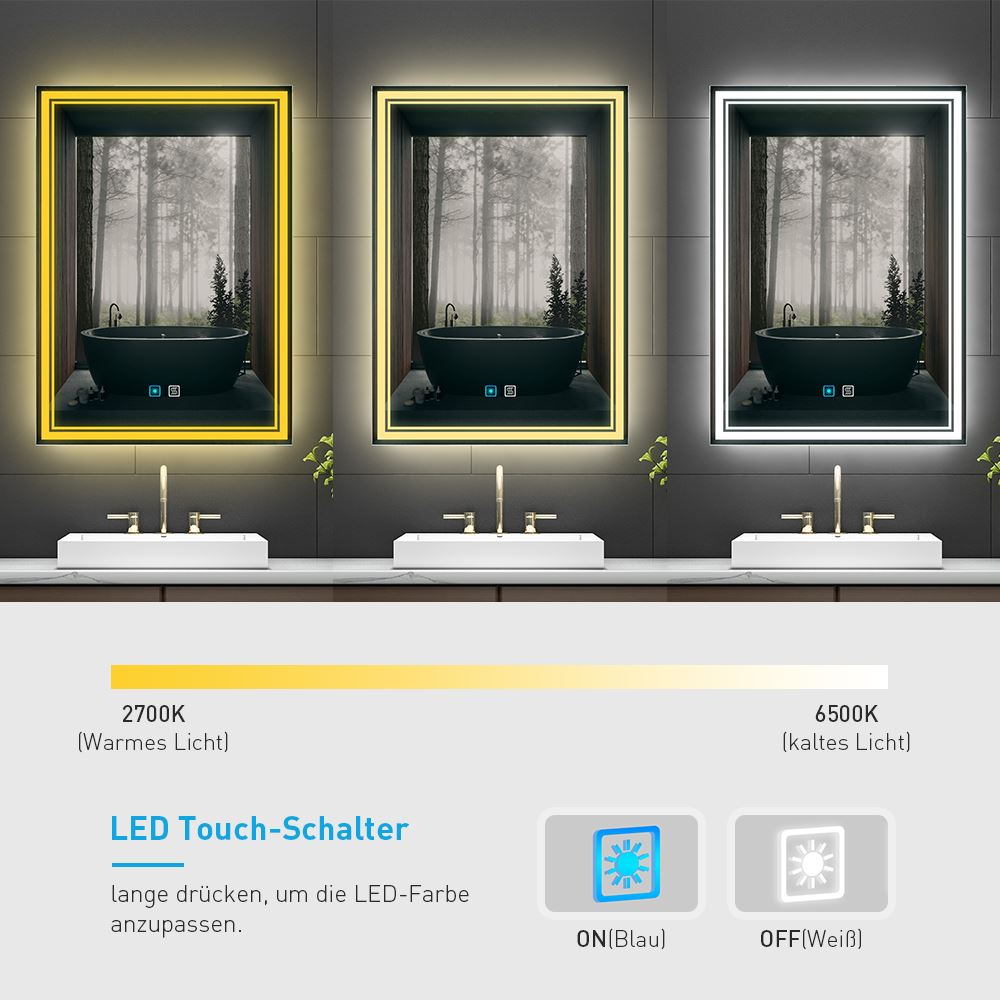 LED Badezimmer Spiegel mit 3 Lichtfarbe Antibeschlag 50x70cm (Nein Spiegelschrank)