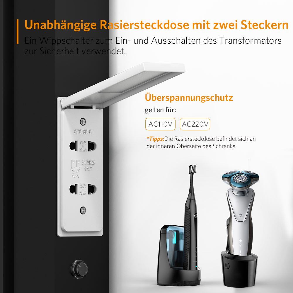 60x70cm LED Schwarz Badezimmer Spiegelschrank mit Steckdose 3-Lichtfarbe 2-Tür