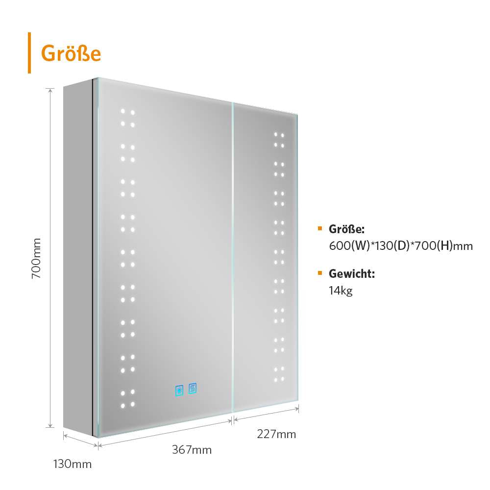 60x70cm LED Badezimmer Spiegelschrank mit Steckdose Antibeschlag Umgebungslicht 2-Tür