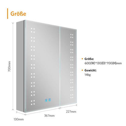 60x70cm LED Badezimmer Spiegelschrank mit Steckdose Antibeschlag Umgebungslicht 2-Tür