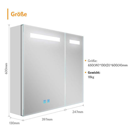 65x60cm LED Badezimmer Spiegelschrank mit Rasier-Steckdose 2 Tür Antibeschlag