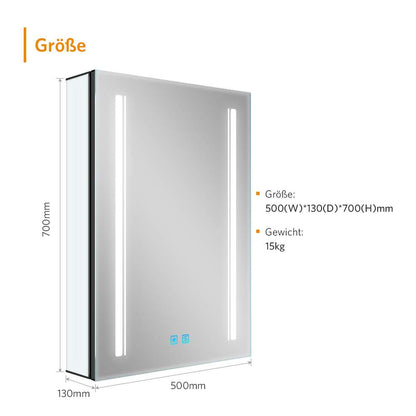 50x70cm LED Schwarz Badezimmer Spiegelschrank mit Steckdose 3 Lichtfarbe Touch-Schalter