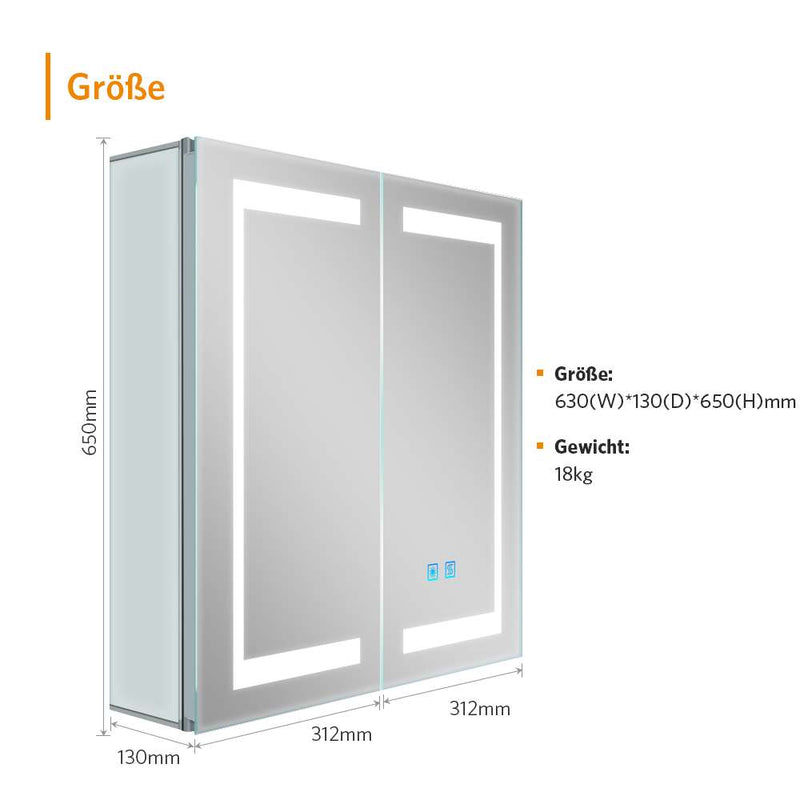 LED Badezimmer Spiegelschrank mit Steckdose Antibeschlag Umgebungslicht 2-Tür 63x65cm