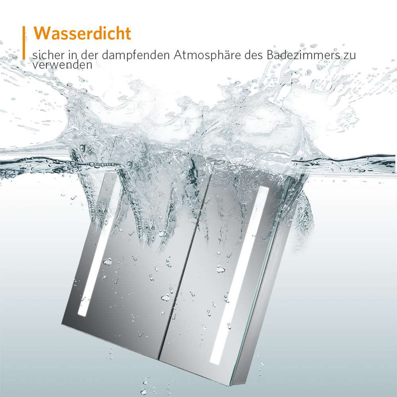 63x65cm LED Badezimmer Spiegelschrank mit Antibeschlag Rasier-Steckdose 2 Tür IR-Schalter