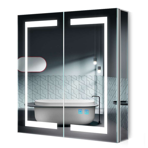 63x65cm LED Badezimmer Spiegelschrank mit Steckdose Antibeschlag 3-Lichtfarbe 2-Tür