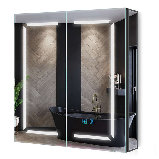 60x70cm LED Schwarz Badezimmer Spiegelschrank mit Steckdose 3-Lichtfarbe 2-Tür