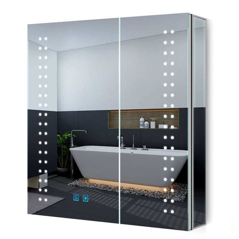 LED Badezimmer Spiegelschrank mit Antibeschlag Rasier-Steckdose 2 Tür 63x65cm