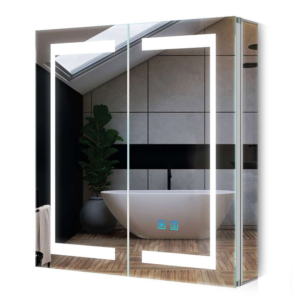 LED Badezimmer Spiegelschrank mit Steckdose Antibeschlag Umgebungslicht 2-Tür 63x65cm