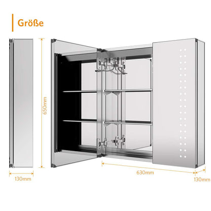 63x65cm LED Badezimmer Spiegelschrank mit Antibeschlag Rasier-Steckdose 2 Tür
