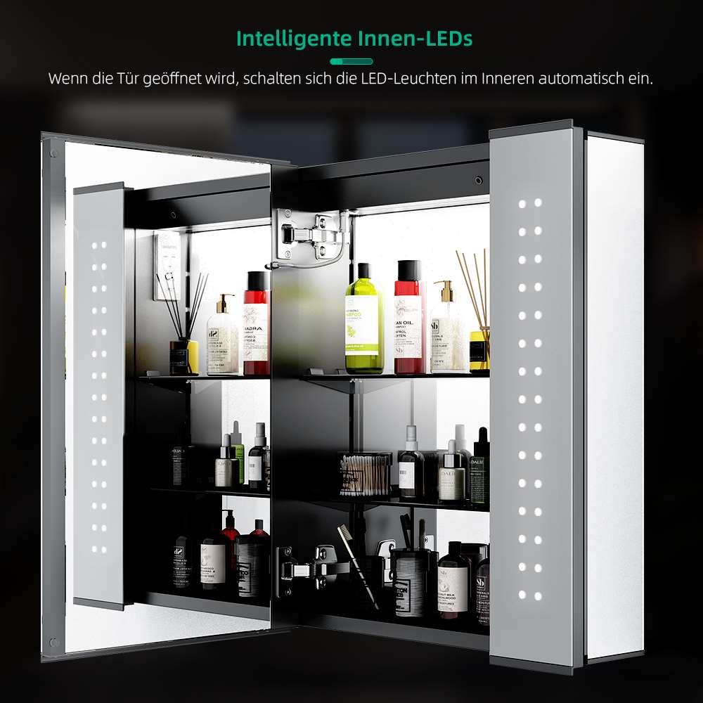 65x60cm LED Schwarz Badezimmer Spiegelschrank mit Rasierer-Steckdose Beschlagfrei Touch-Schalter