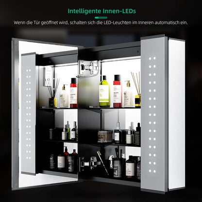 65x60cm LED Schwarz Badezimmer Spiegelschrank mit Rasierer-Steckdose Beschlagfrei Touch-Schalter