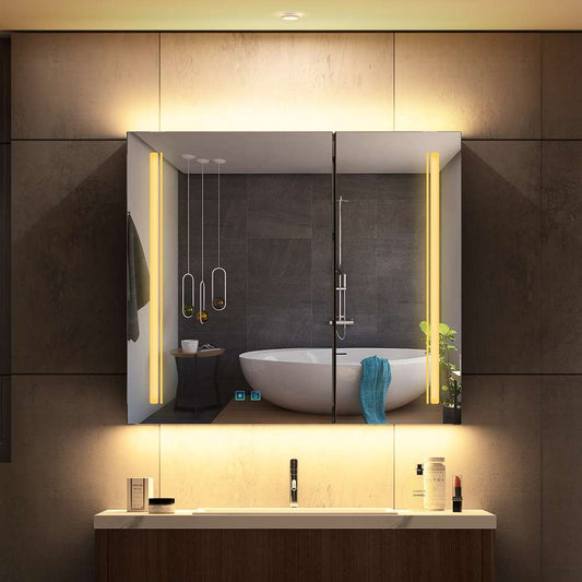 65x60cm LED Schwarz Badezimmer Spiegelschrank mit Steckdose 3-Lichtfarbe Umgebungslicht 2-Tür