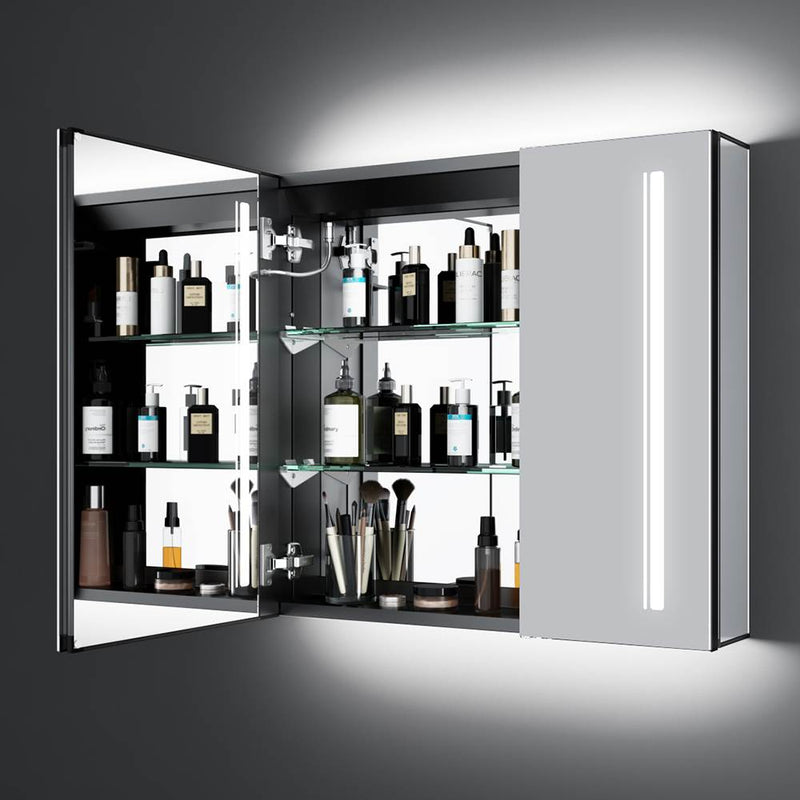 LED Schwarz Badezimmer Spiegelschrank mit Steckdose 3-Lichtfarbe Umgebungslicht 2-Tür 65x60cm