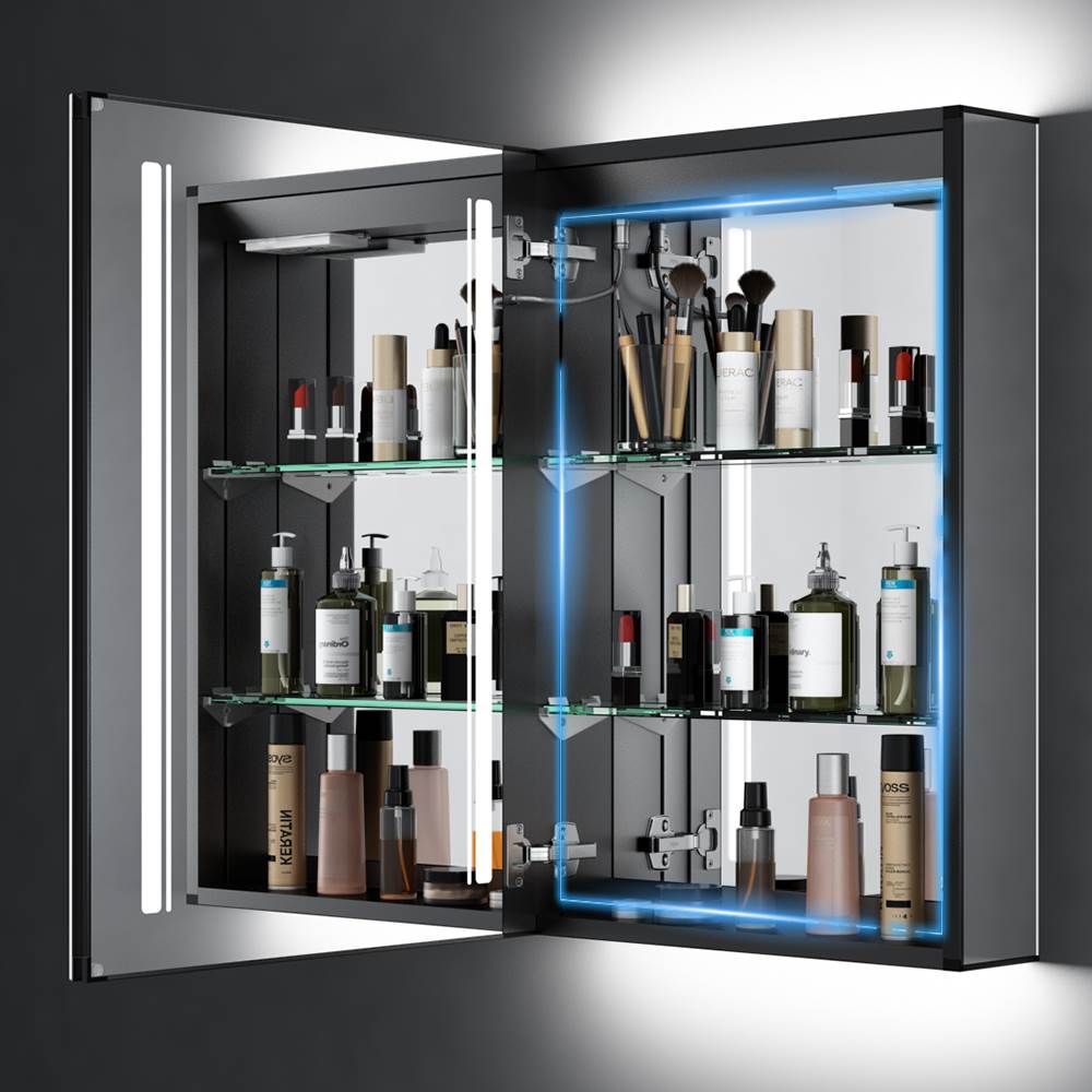 50x70cm LED Schwarz Badezimmer Spiegelschrank mit Steckdose 3 Lichtfarbe Touch-Schalter