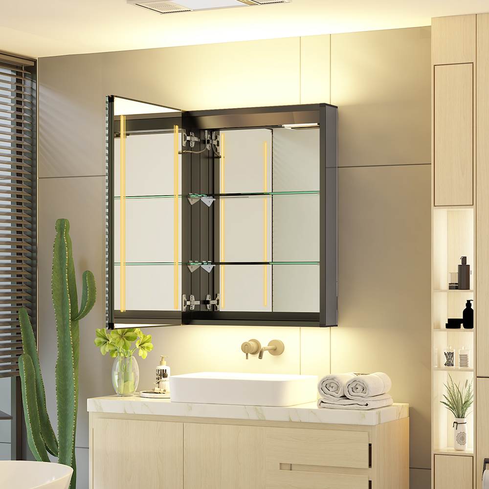 50x70cm LED Schwarz Badezimmer Spiegelschrank mit Steckdose 3 Lichtfarbe Touch-Schalter