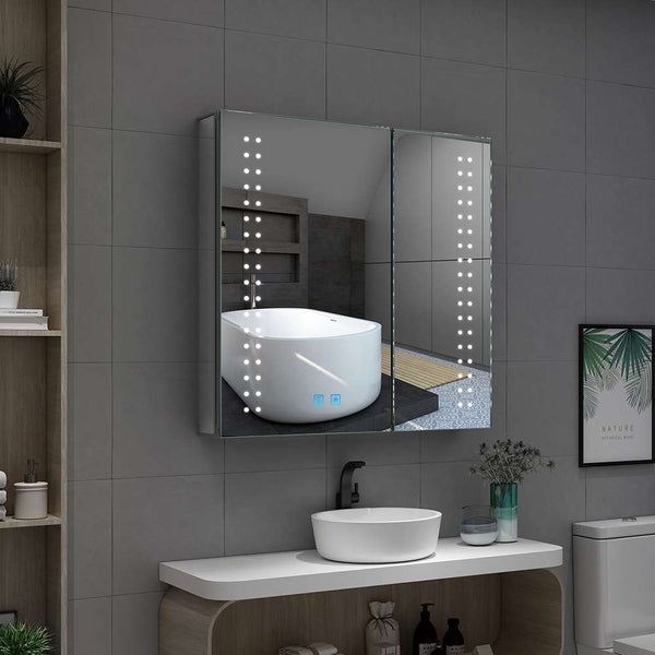 63x65cm LED Badezimmer Spiegelschrank mit Antibeschlag Rasier-Steckdose 2 Tür