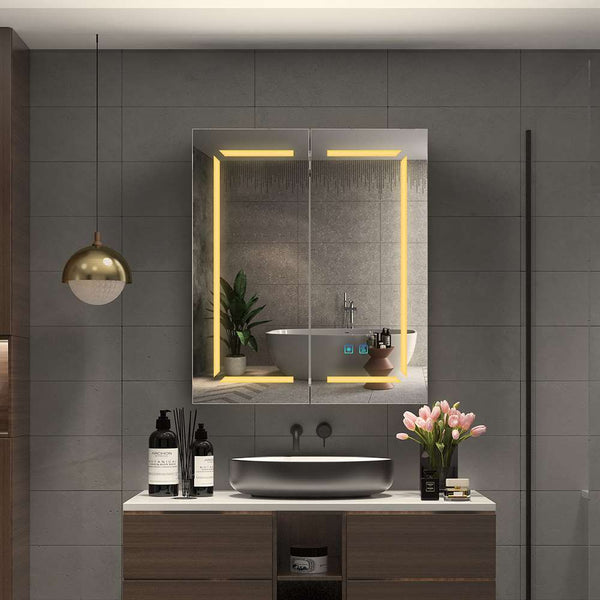 LED Schwarz Badezimmer Spiegelschrank mit Steckdose 3-Lichtfarbe 2-Tür 60x70cm