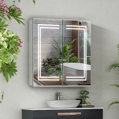 63x65cm LED Badezimmer Spiegelschrank mit Rasier-Steckdose 2 Tür Touch-Schalte