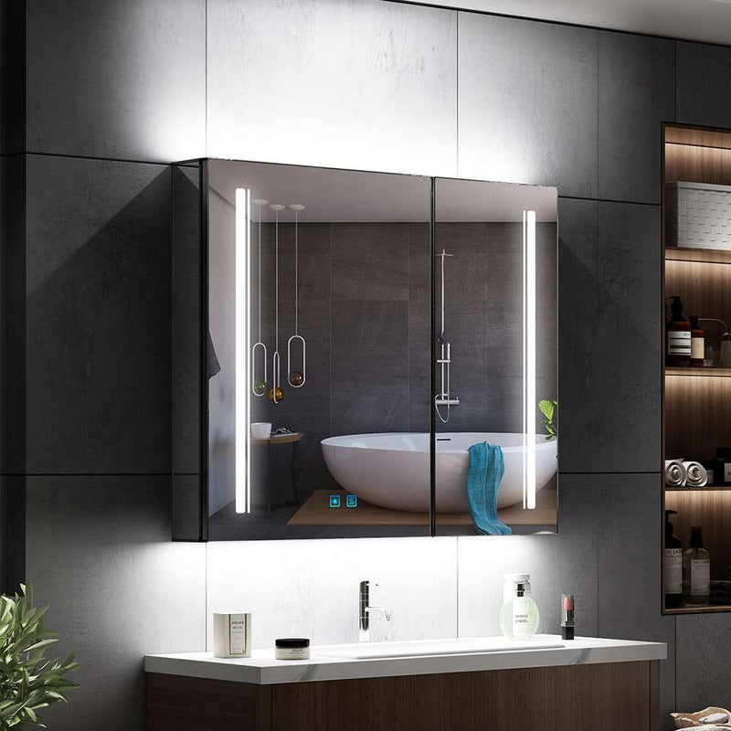 65x60cm LED Schwarz Badezimmer Spiegelschrank mit Steckdose 3-Lichtfarbe Umgebungslicht 2-Tür