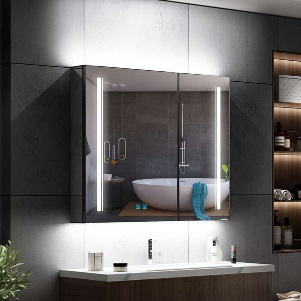 LED Schwarz Badezimmer Spiegelschrank mit Steckdose 3-Lichtfarbe Umgebungslicht 2-Tür 65x60cm