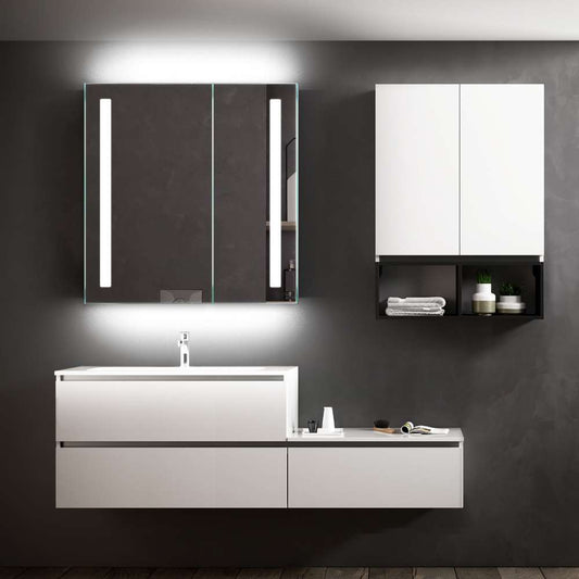 63x65cm LED Badezimmer Spiegelschrank mit Antibeschlag Rasier-Steckdose 2 Tür IR-Schalter