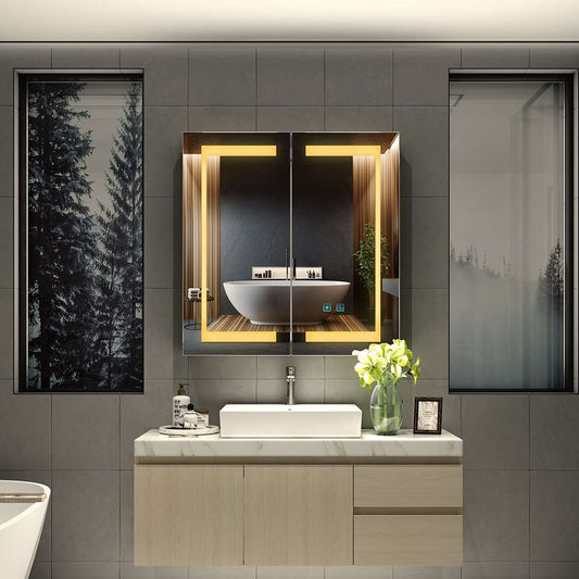 63x65cm LED Badezimmer Spiegelschrank mit Steckdose Antibeschlag 3-Lichtfarbe 2-Tür