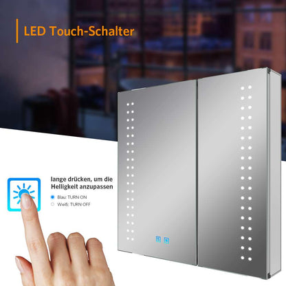 63x65cm LED Badezimmer Spiegelschrank mit Antibeschlag Rasier-Steckdose 2 Tür