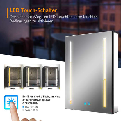 50x70cm LED Schwarz Badezimmer Spiegelschrank mit Steckdose 3 Lichtfarbe Touch-Schalter