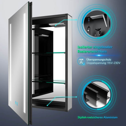 50x70cm LED Schwarz Badezimmer Spiegelschrank mit Steckdose 3 Lichtfarbe Touch-Schalter