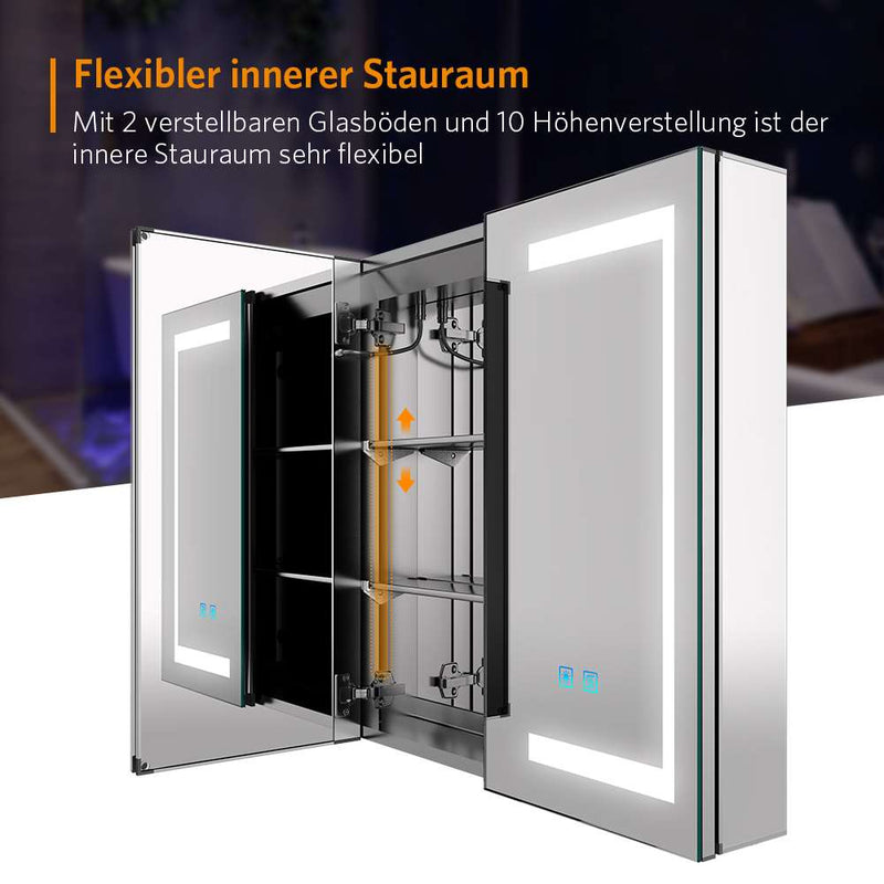 LED Badezimmer Spiegelschrank mit Steckdose Antibeschlag Umgebungslicht 2-Tür 63x65cm