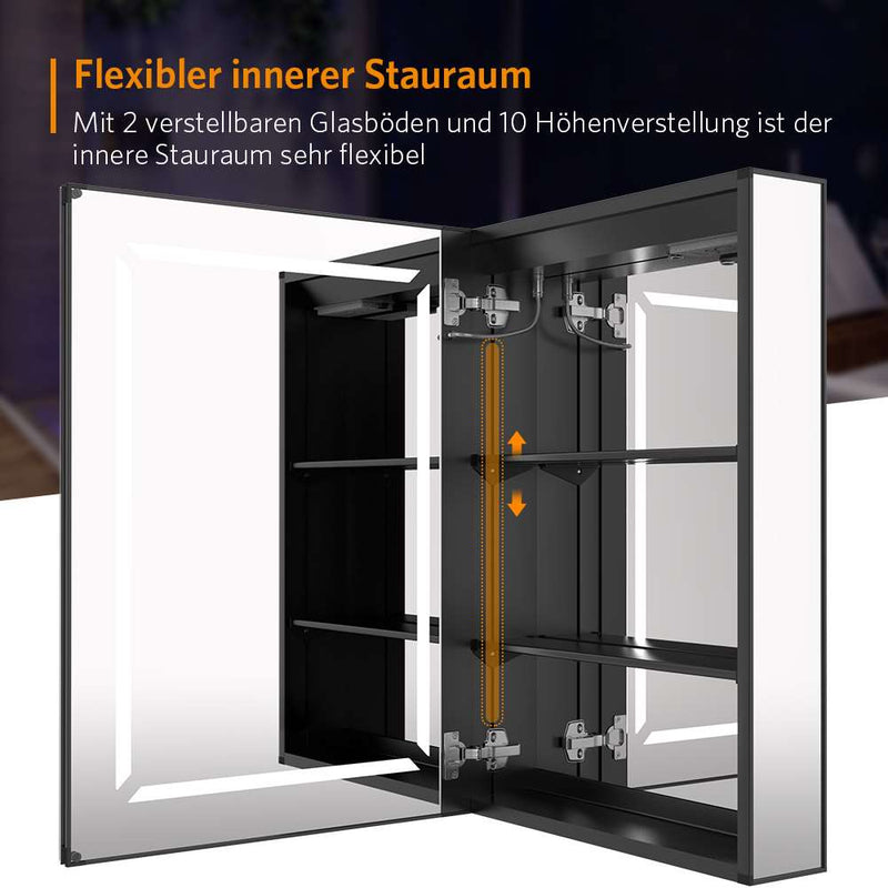 50x70cm LED Schwarz Badezimmer Spiegelschrank mit Steckdose Antibeschlag 3 Lichtfarbe
