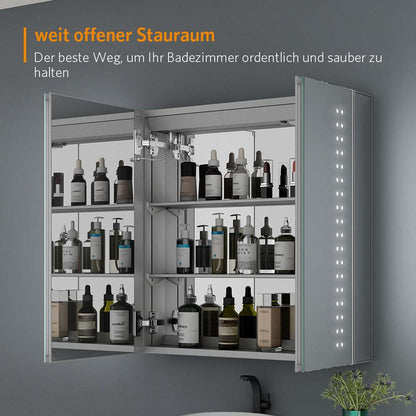 63x65cm LED Badezimmer Spiegelschrank mit Antibeschlag Rasier-Steckdose 2 Tür
