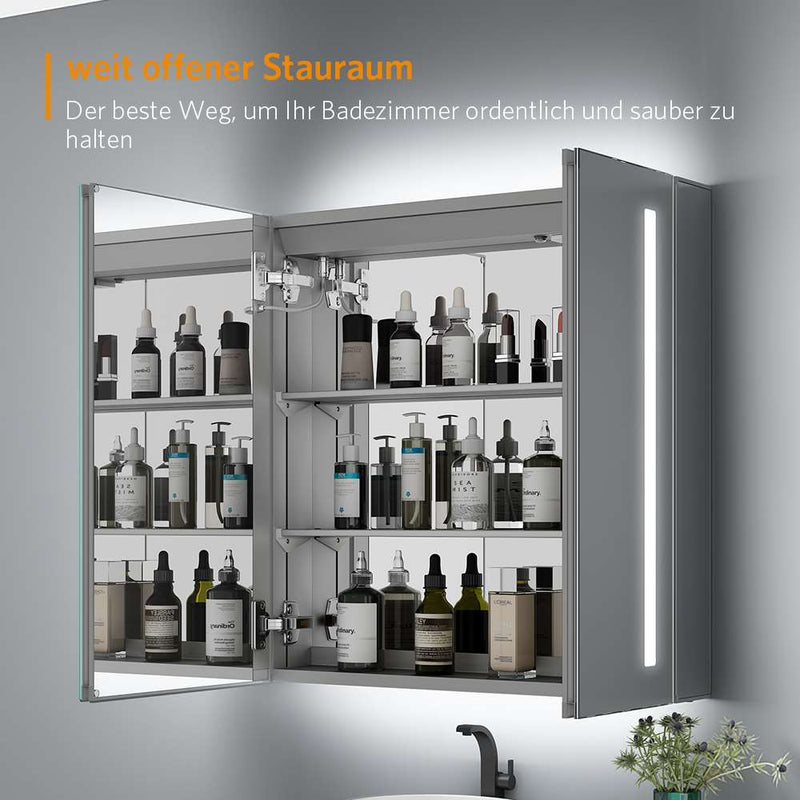 63x65cm LED Badezimmer Spiegelschrank mit Antibeschlag Rasier-Steckdose 2 Tür IR-Schalter