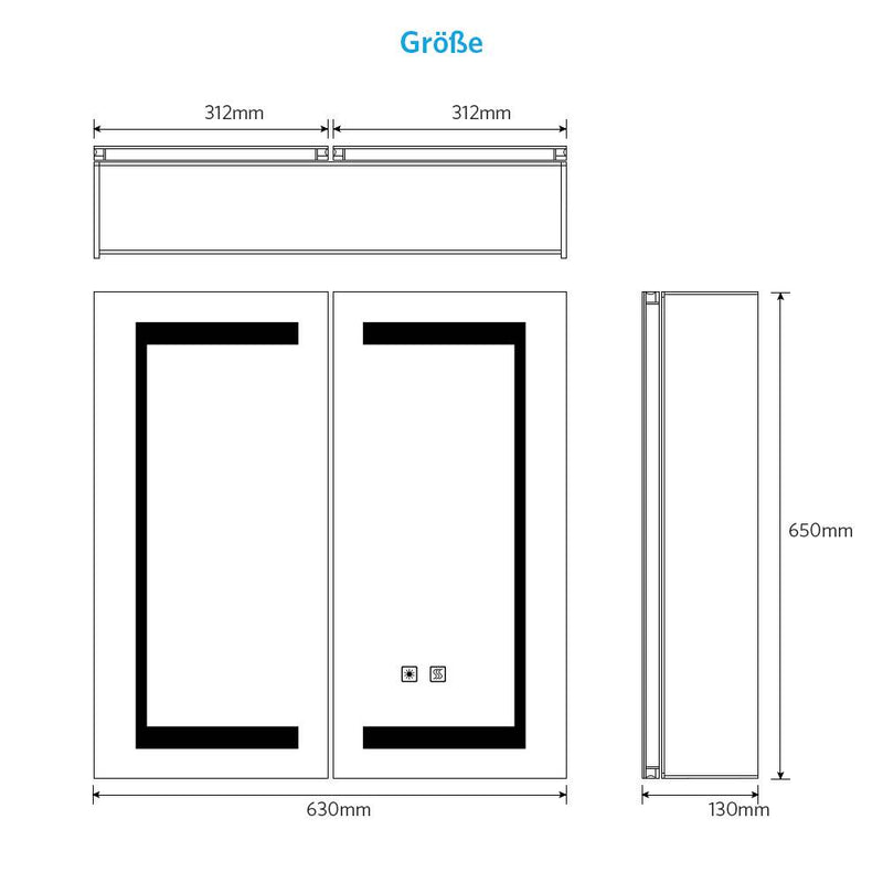 63x65cm LED Badezimmer Spiegelschrank mit Steckdose Antibeschlag Umgebungslicht 2-Tür