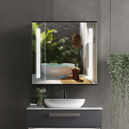 65x60cm LED Schwarz Badezimmer Spiegelschrank mit Steckdose Beschlagfrei Touch-Schalter