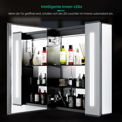 65x60cm LED Schwarz Badezimmer Spiegelschrank mit Steckdose Beschlagfrei Touch-Schalter