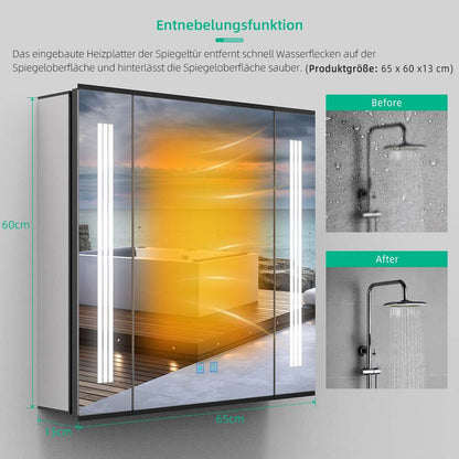 65x60cm LED Schwarz Badezimmer Spiegelschrank mit Steckdose Beschlagfrei Touch-Schalter