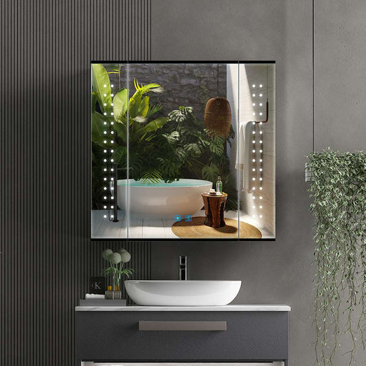 65x60cm LED Schwarz Badezimmer Spiegelschrank mit Rasierer-Steckdose Beschlagfrei Touch-Schalter