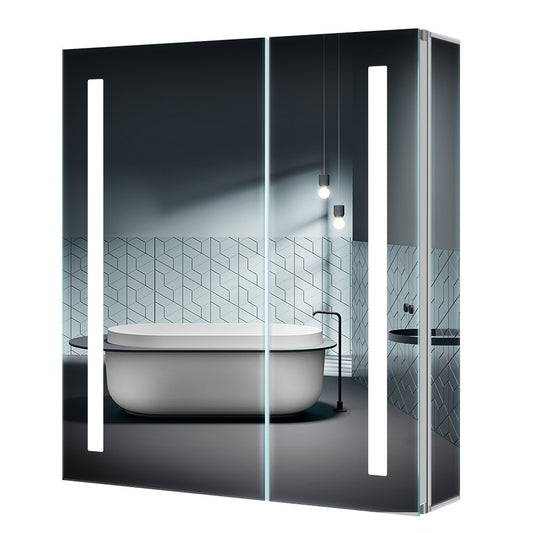 63x65cm LED Badezimmer Spiegelschrank mit Antibeschlag Rasier-Steckdose 2 Tür IR-Schalter