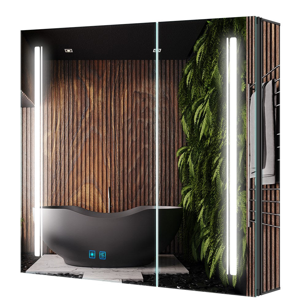 LED Schwarz Badezimmer Spiegelschrank mit Steckdose 3-Lichtfarbe Umgebungslicht 2-Tür 65x60cm