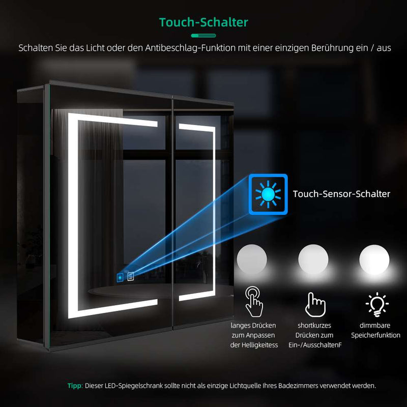 65x60cm LED Schwarz Badezimmer Spiegelschrank mit Rasier-Steckdose 2 Tür Touch-Schalte