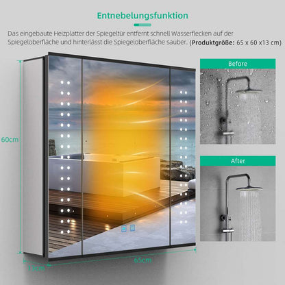 65x60cm LED Schwarz Badezimmer Spiegelschrank mit Rasierer-Steckdose Beschlagfrei Touch-Schalter